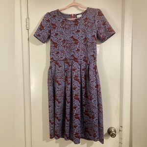 NWT Lularoe Large Amelia fit & flare dress, purple & blue floral, jacquard-like